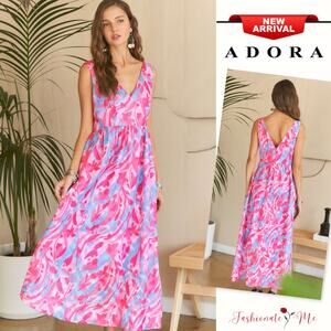 ADORA Abstract Floral Pattern V-Neck Sleeveless Zipper Back Maxi Dress | Pink
